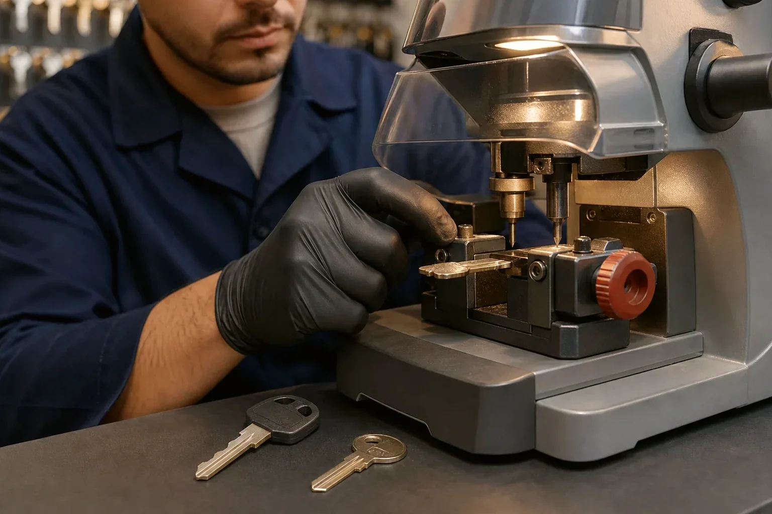 Técnico de chaveiro copiando uma chave em Muriaé.